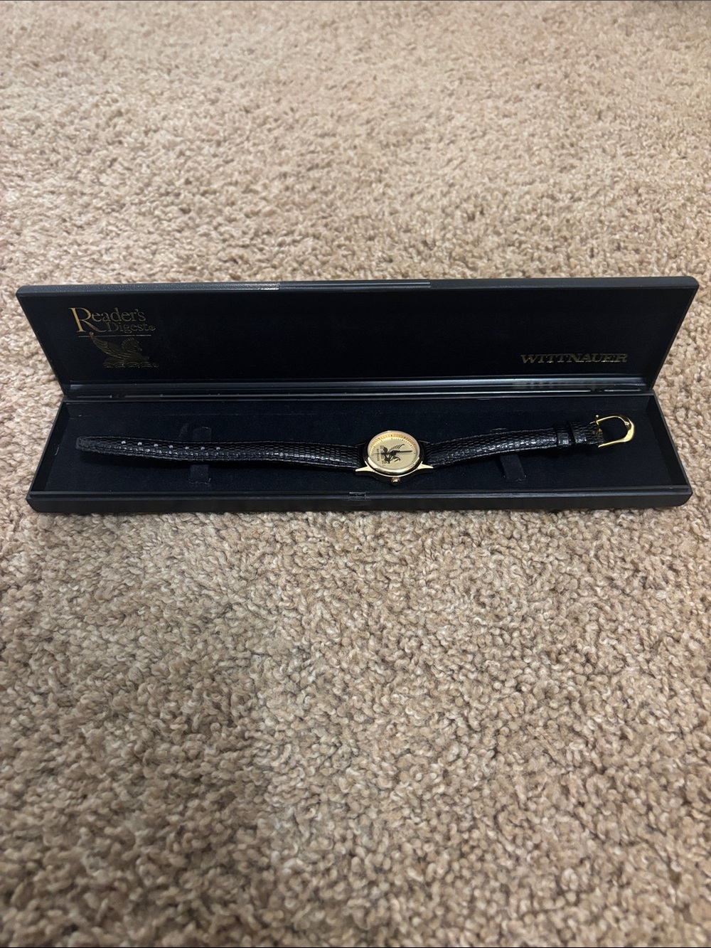 Women's Wittnauer Black Leather Strap Gold-Tone Watch